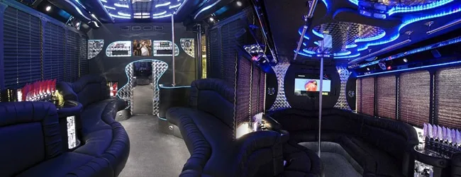 Lighting and lounge seating inside the Freightliner party bus