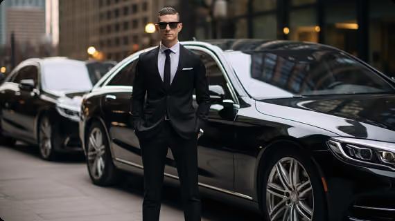 Chauffeur standing beside a black luxury sedan
