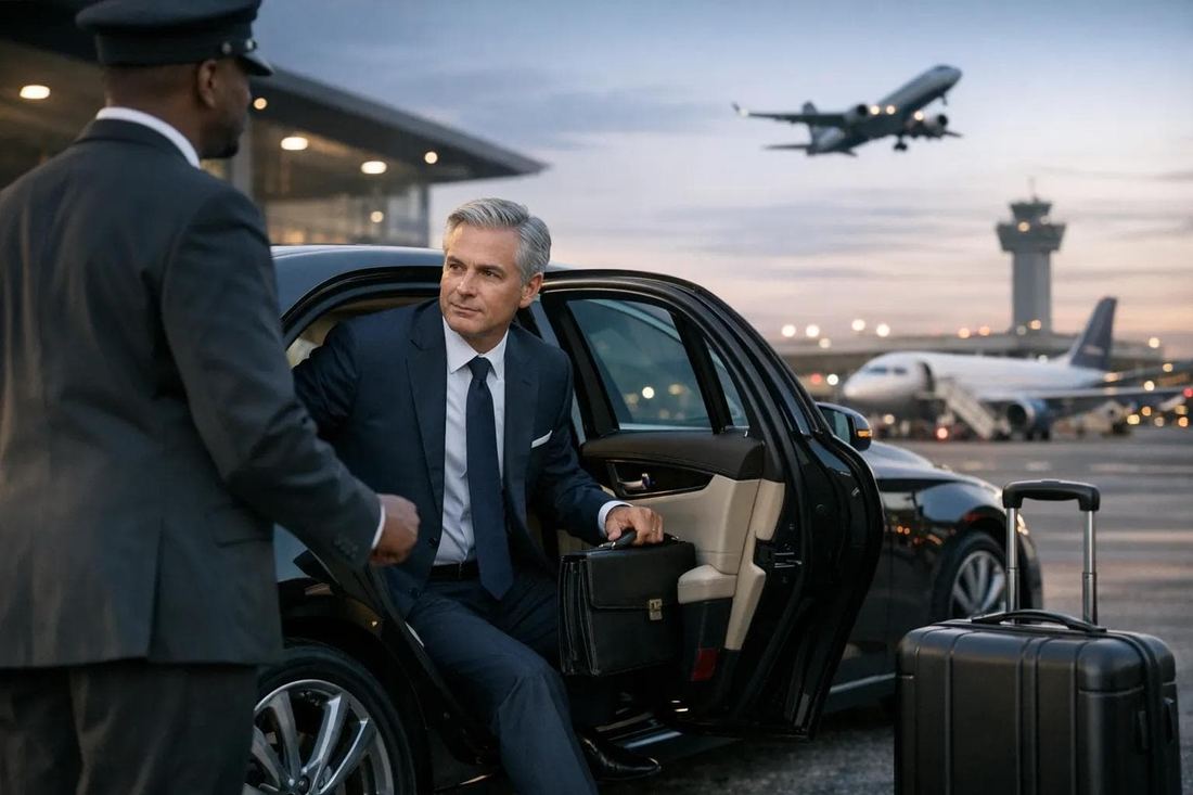 Business traveler stepping out of a chauffeured car at the airport