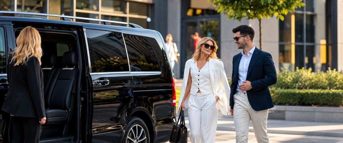 Executives arriving at an offsite meeting by chauffeured SUV