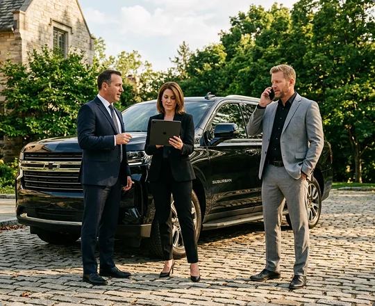 Executives beside a black SUV