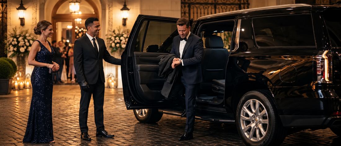Couple stepping out of a black SUV at an evening event